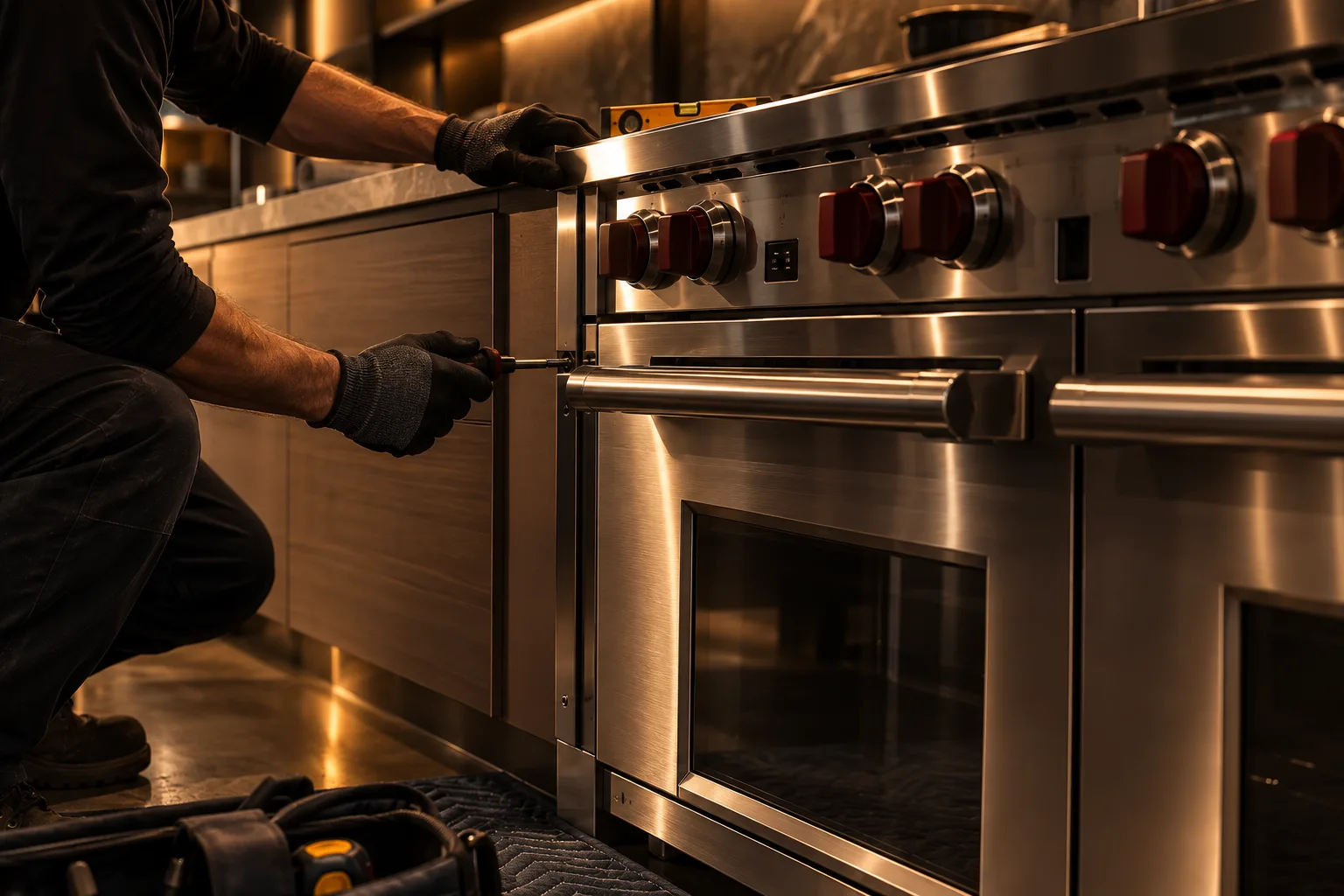 An installer setting a stainless commercial refrigeration unit into place