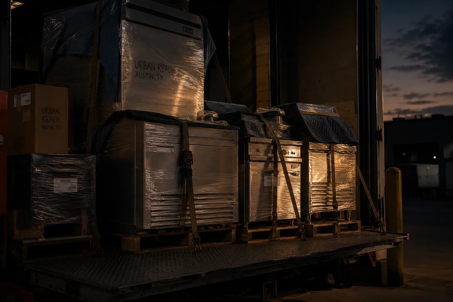 Commercial appliances staged and wrapped on a delivery truck at dusk