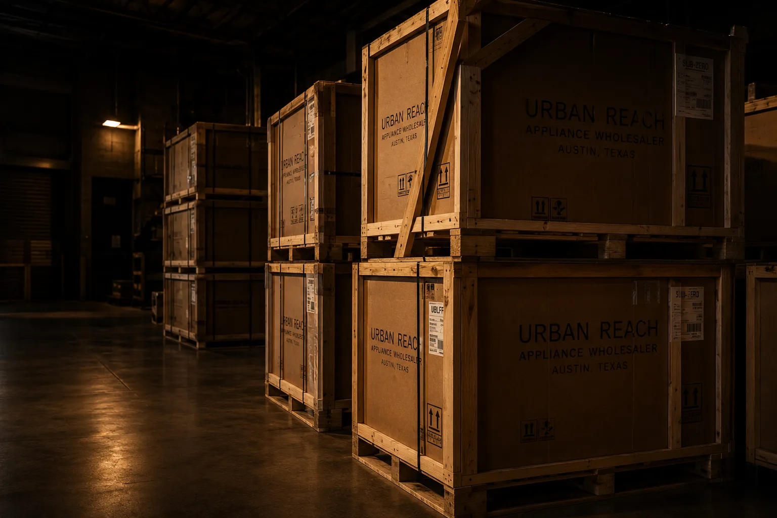 Commercial appliances staged in wholesale crates in a warehouse